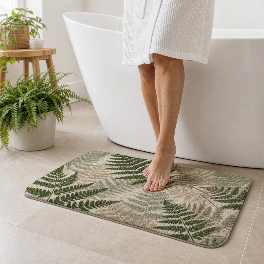 Spa Greenery collection: the Fern Hollow bath mat in a bathroom