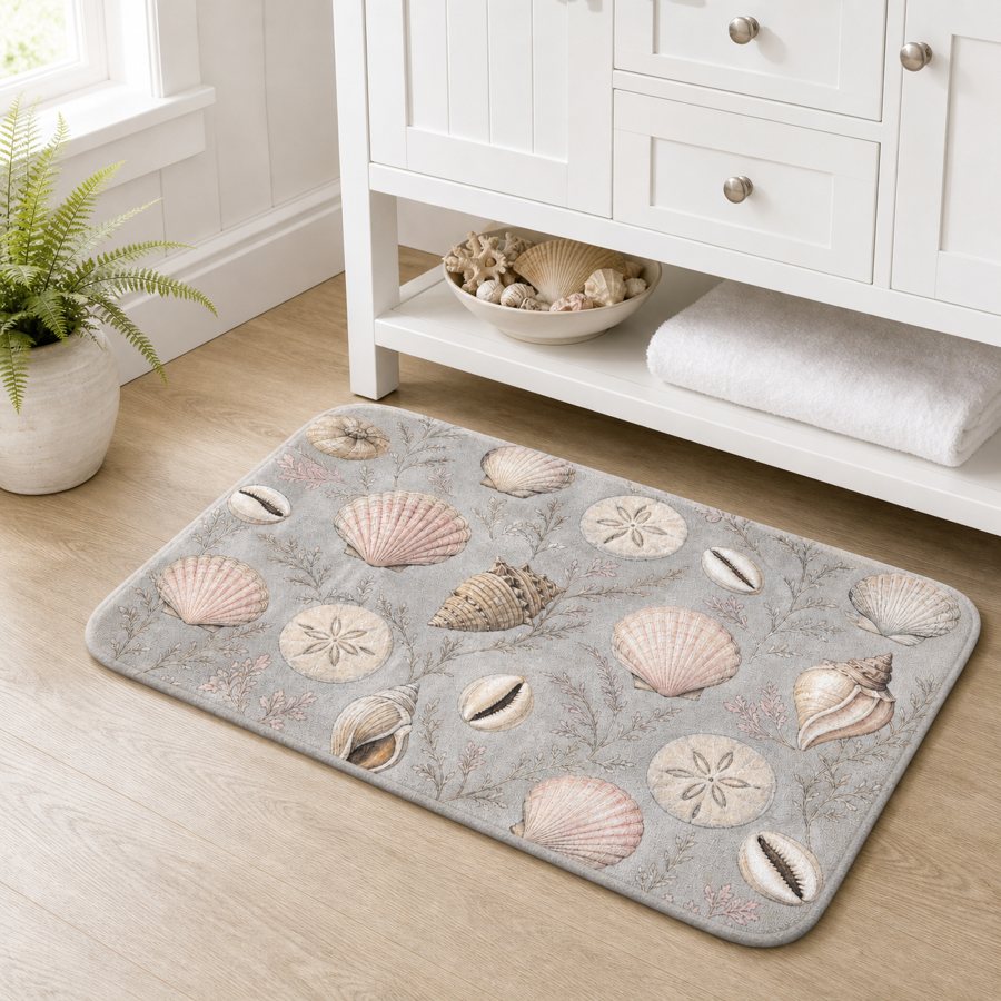 Shore & Stone collection: the Shell Collection bath mat in a bathroom