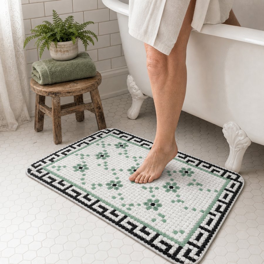 Vintage Tile collection: the Penny Mosaic bath mat in a bathroom