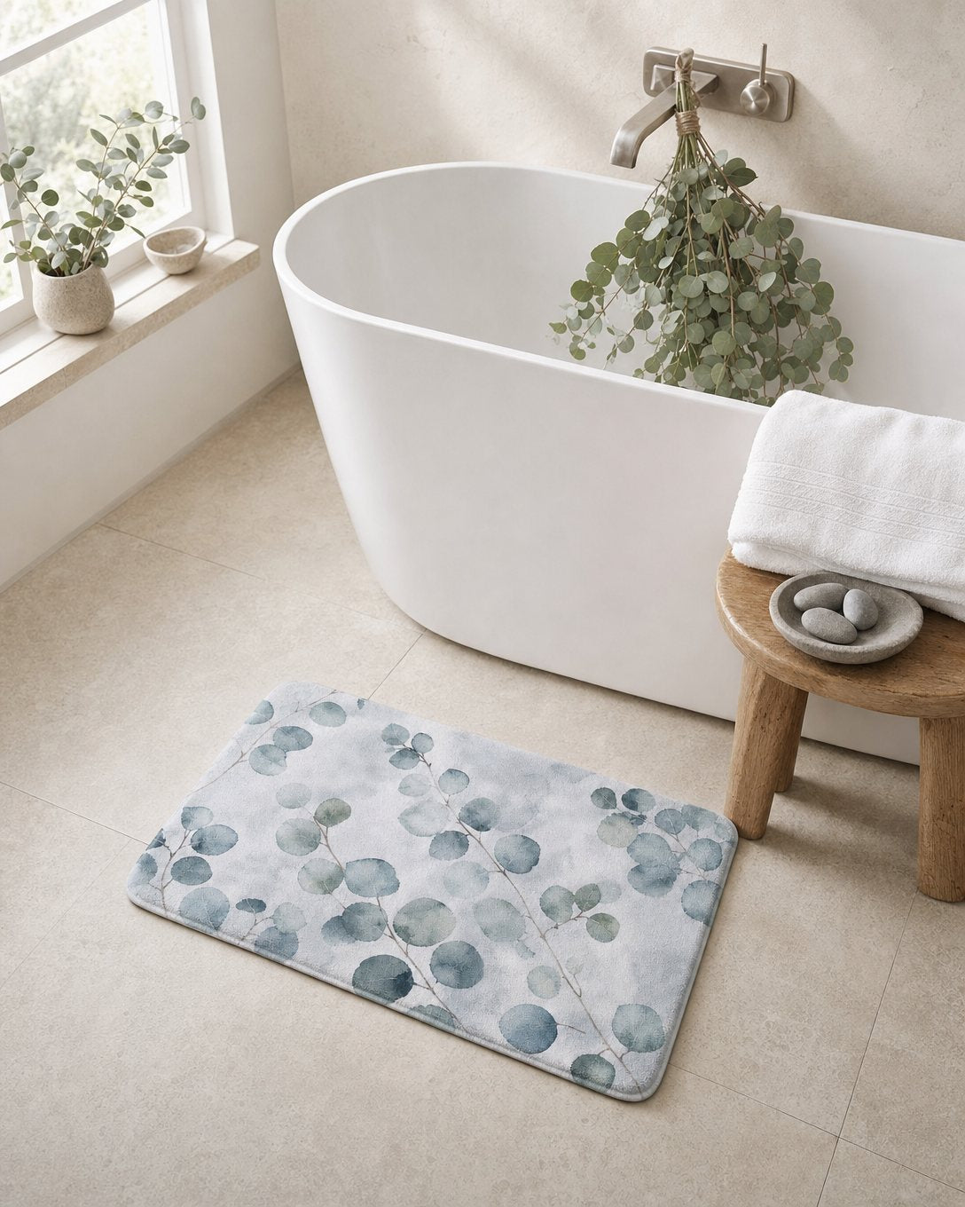 The Eucalyptus Mist bath mat in front of a white freestanding tub